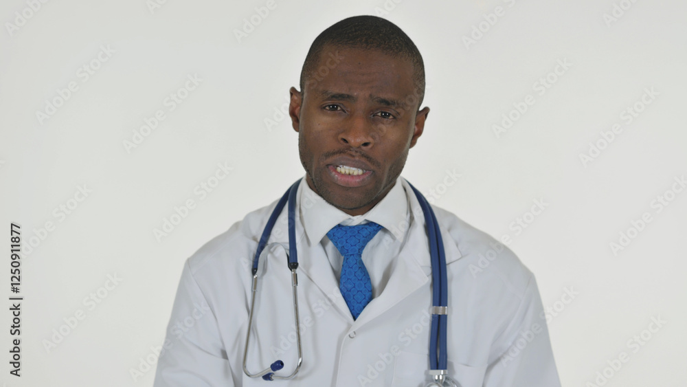 Portrait of African Doctor Doing Video Chat via Phone on White Background Portrait of African Doctor Doing Video Chat via Phone on White Background