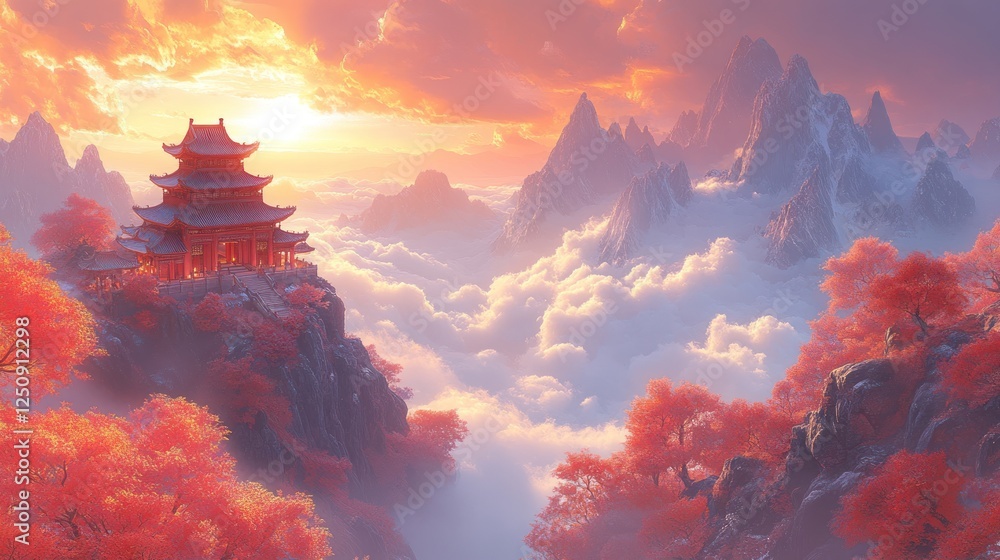 Sunset Temple, Mountaintop Serenity, Autumn Sunset Temple, Mountaintop Serenity, Autumn