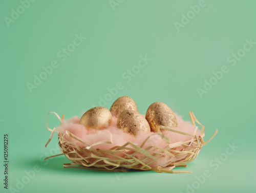 easter, egg, nest, eggs, basket, holiday, spring, decoration, food, celebration, gold, straw, colorful, isolated, bird, season, tradition, nature, yellow, grass, color, symbol, seasonal, brown, closeu photo