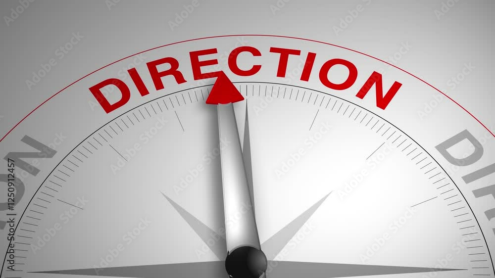 Direction text or word with a gauge arrow on a compass, representing guidance and direction on a clean white background. Ideal for business, coaching, consulting, and self-improvement concept Direction text or word with a gauge arrow on a compass, representing guidance and direction on a clean white background. Ideal for business, coaching, consulting, and self-improvement concept