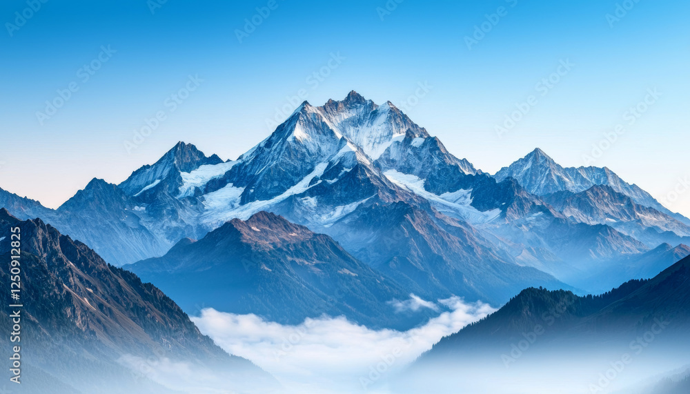 Obraz premium Majestic mountain landscape. Vast mountain vista with jagged peaks rising above misty valleys, showcasing nature beauty