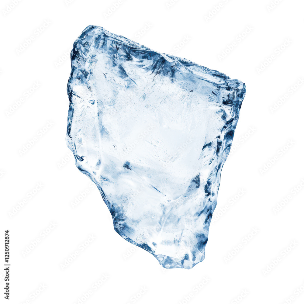 Fototapeta premium Crystal clear ice block in close up view showing intricate textures and transparent surfaces, perfect for use in cooling, freshness, and frozen-themed designs. Isolated on transparent background, png.