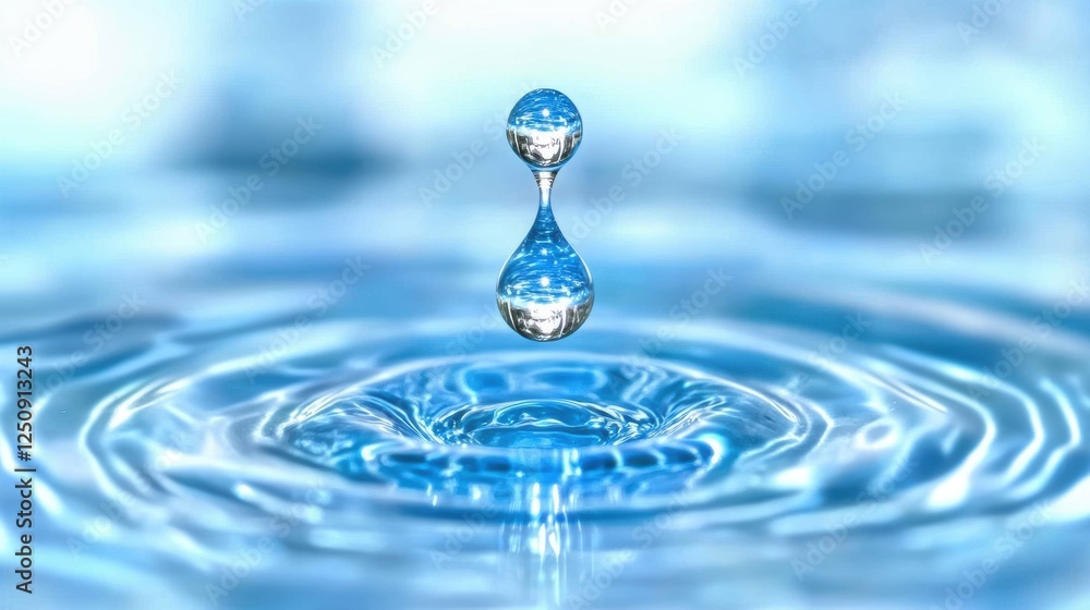 A close-up of a water droplet creating ripples in a serene blue surface. A close-up of a water droplet creating ripples in a serene blue surface.