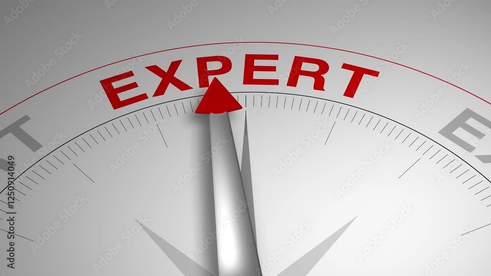 Expert text or word with a gauge arrow on a compass, representing guidance and direction on a clean white background. Ideal for business, coaching, consulting, and self-improvement concept