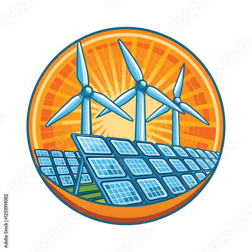 Create a vibrant vector illustration depicting a complex, interconnected renewable energy grid showcasing solar, wind, hydro, and geothermal power sources.