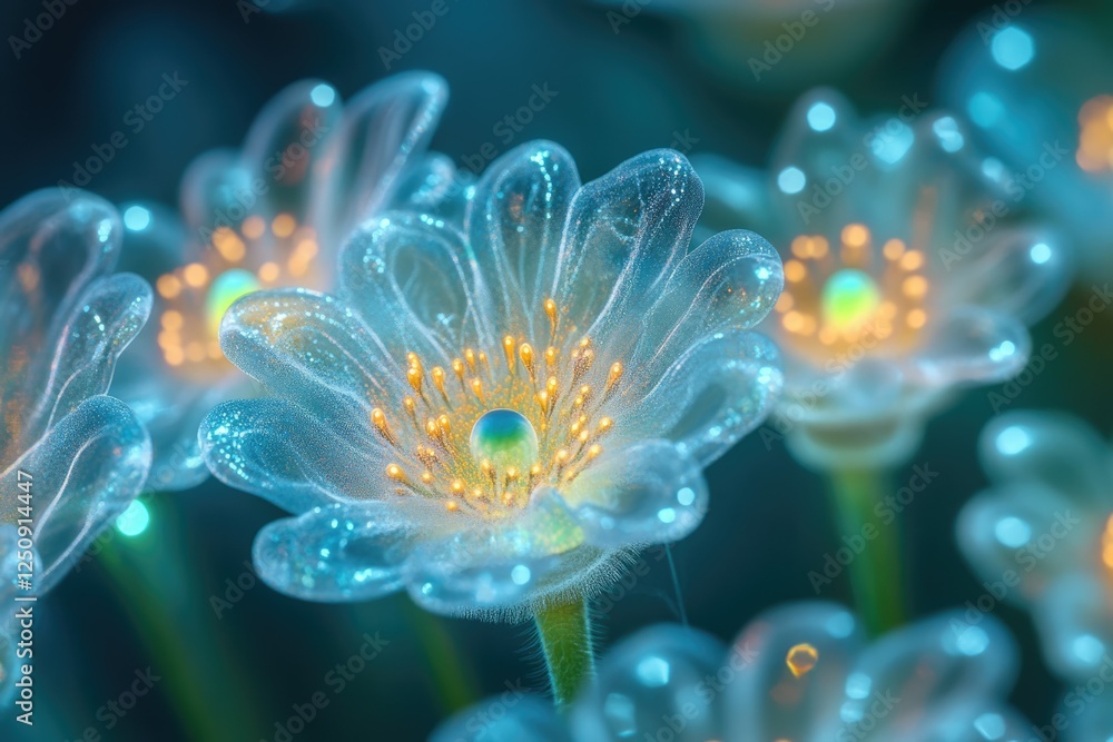 Obraz premium Luminous, translucent flowers with golden centers glow in a dark, ethereal setting.