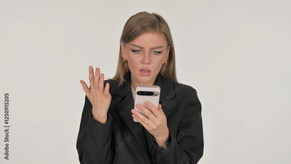 Portrait of Businesswoman Shocked by Loss on Phone on White Background Portrait of Businesswoman Shocked by Loss on Phone on White Background