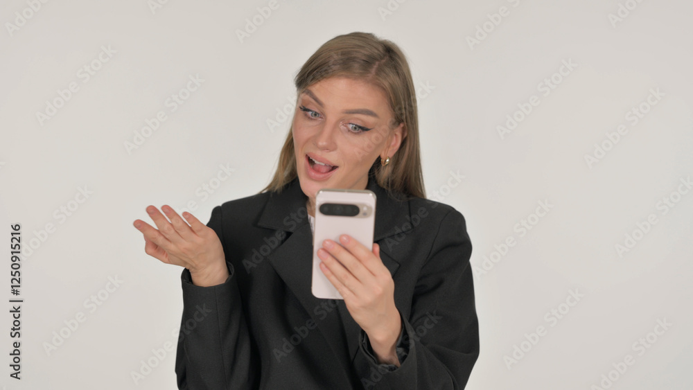 Portrait of Businesswoman Doing Video Chat via Phone on White Background Portrait of Businesswoman Doing Video Chat via Phone on White Background