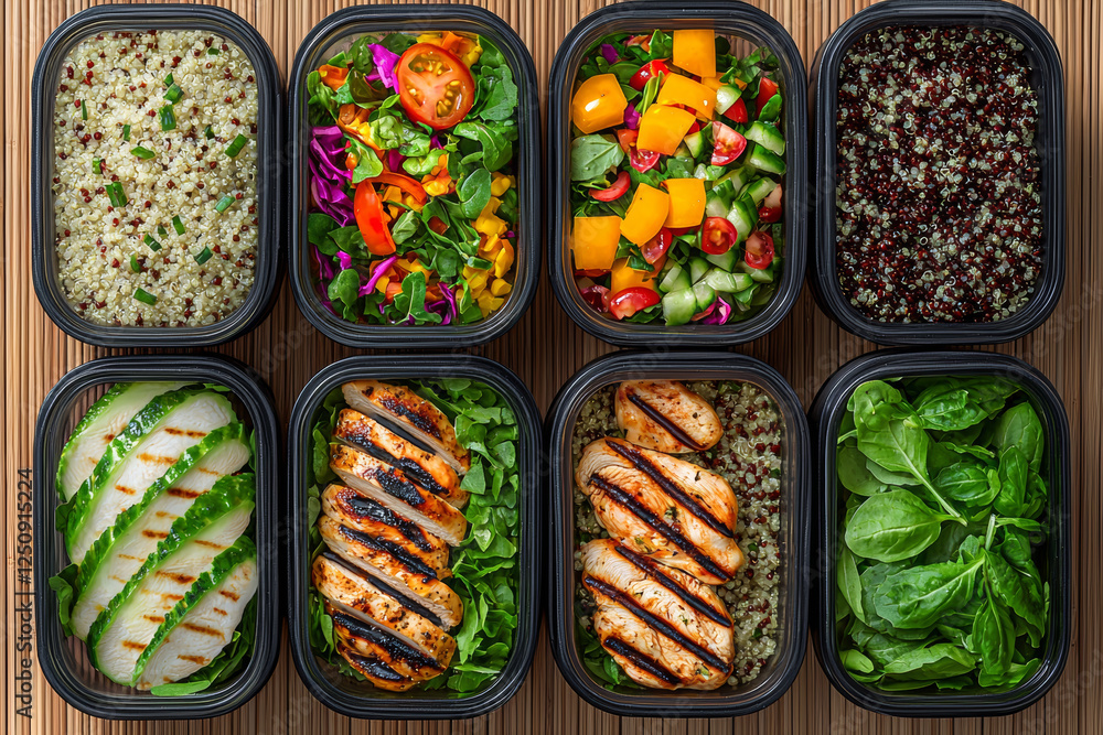Healthy food flat lay. variety of healthy meal prep containers with grilled chicken and quinoa