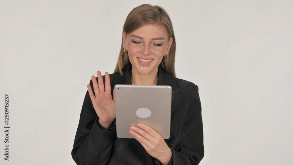 Portrait of Businesswoman Doing Video Chat on Tablet on White Background Portrait of Businesswoman Doing Video Chat on Tablet on White Background