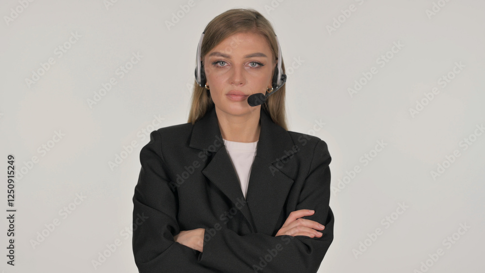 Portrait of Serious Call Center Employee with Headset on White Background Portrait of Serious Call Center Employee with Headset on White Background