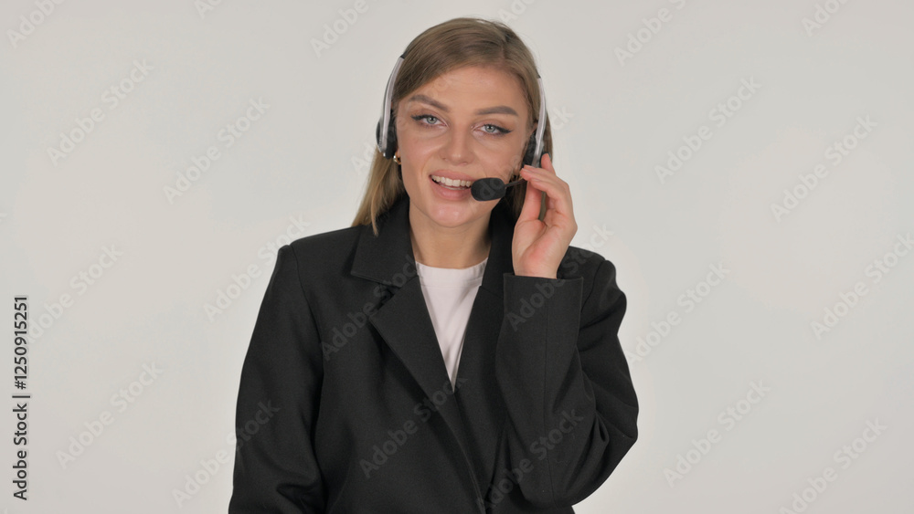 Portrait of Call Center Employee with Headset Talking on White Background Portrait of Call Center Employee with Headset Talking on White Background