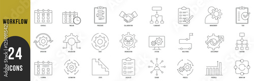 Workflow icon set. Containing process, planning, progress, scheme, management, diagram and more. Vector icons collection.