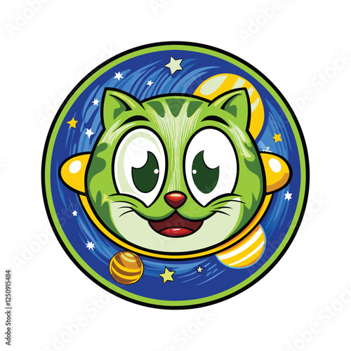 Create a vector illustration of a cute, cartoon space cat wearing a helmet, floating weightlessly in zero gravity, amidst stars and planets.