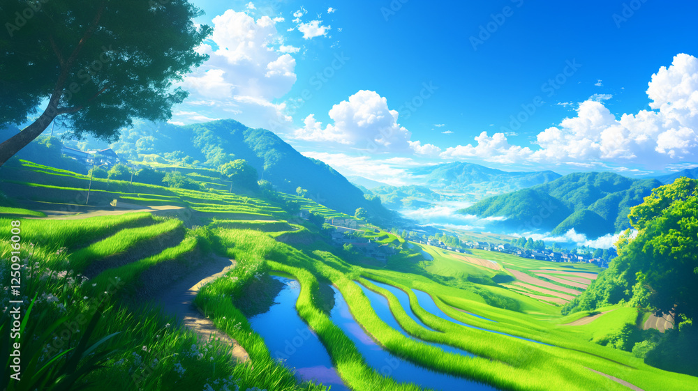 日本の棚田風景|青空と緑の絶景、山間の田園風景 日本の棚田風景|青空と緑の絶景、山間の田園風景