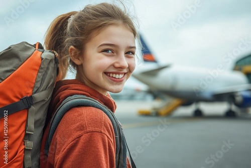 A young girl with a backpack stands in front of an airplane, ready to depart
