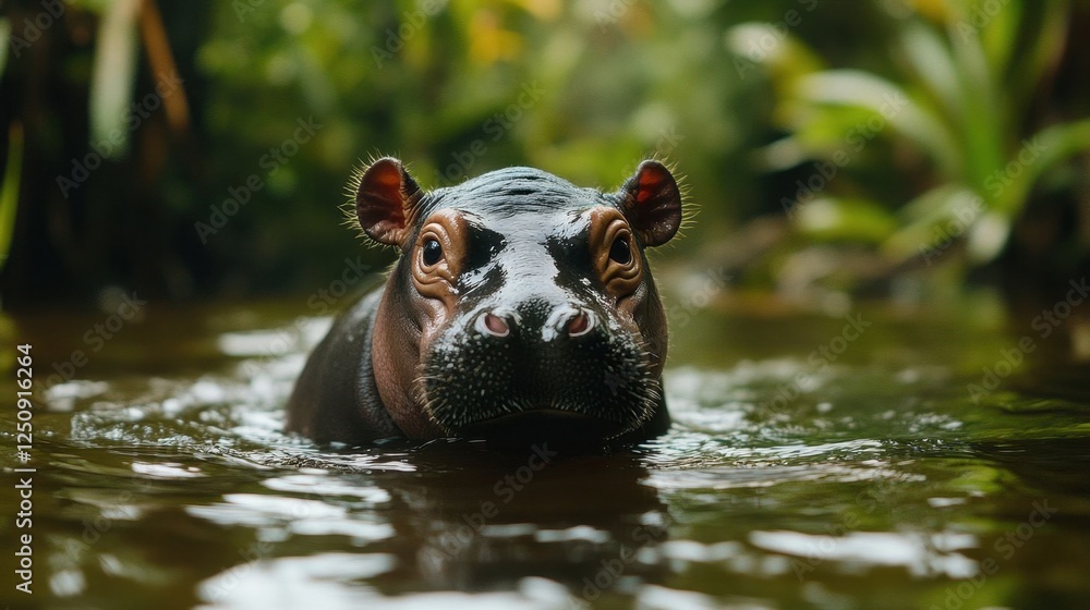 A baby pygmy hippo wades through a river. A baby pygmy hippo wades through a river.