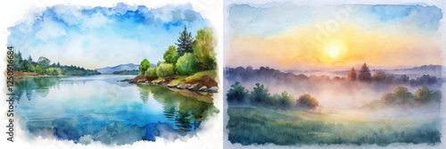 Serene lake landscape, vibrant watercolor style, peaceful nature scene, soft sunrise glow, tranquil outdoor view.