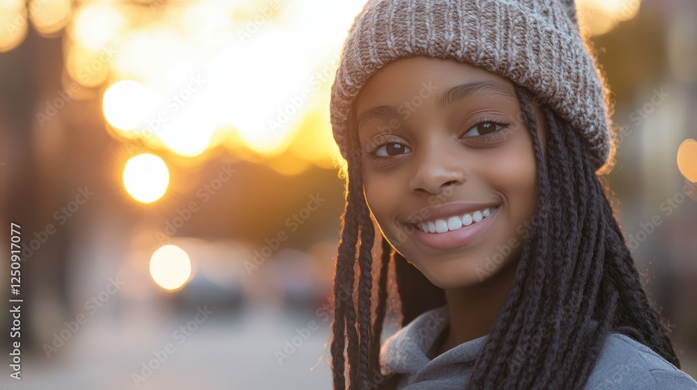 Smiling girl in beanie, sunset bokeh. Smiling girl in beanie, sunset bokeh.
