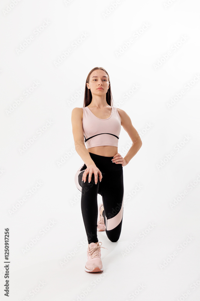 Young woman performing a lunge exercise in a studio setting for fitness training Young woman performing a lunge exercise in a studio setting for fitness training