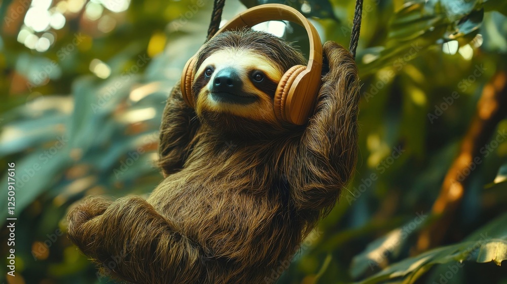 Obraz premium A sloth relaxing with headphones.