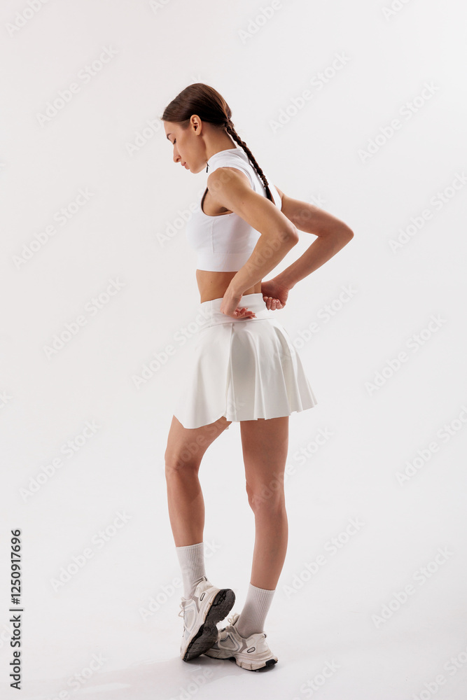 Young woman adjusts her white skirt while posing in a minimalist studio setting for a fashion shoot Young woman adjusts her white skirt while posing in a minimalist studio setting for a fashion shoot