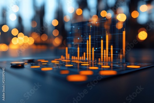 Futuristic Financial Data Visualization and Investment Analysis Dashboard featuring dynamic market charts graphs and analytics for corporate strategy business intelligence and financial planning