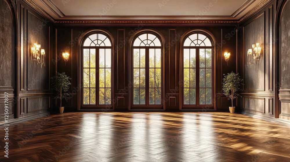 Elegant Empty Room with Arched Windows. Elegant Empty Room with Arched Windows.