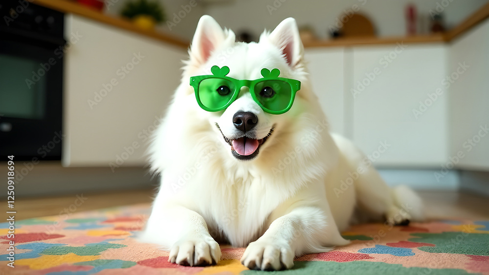 A playful white dog in green sunglasses, showing style and joy in a cheerful setting