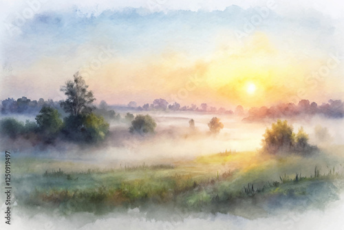 Serene landscape painting, soft sunrise glow, misty morning scene, tranquil nature view, watercolor style artwork.