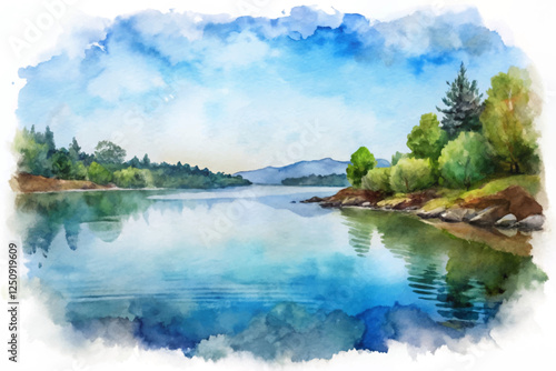 serene lake view, watercolor landscape, vibrant blue sky, lush green trees, tranquil nature scene, artistic expression, peaceful water reflection