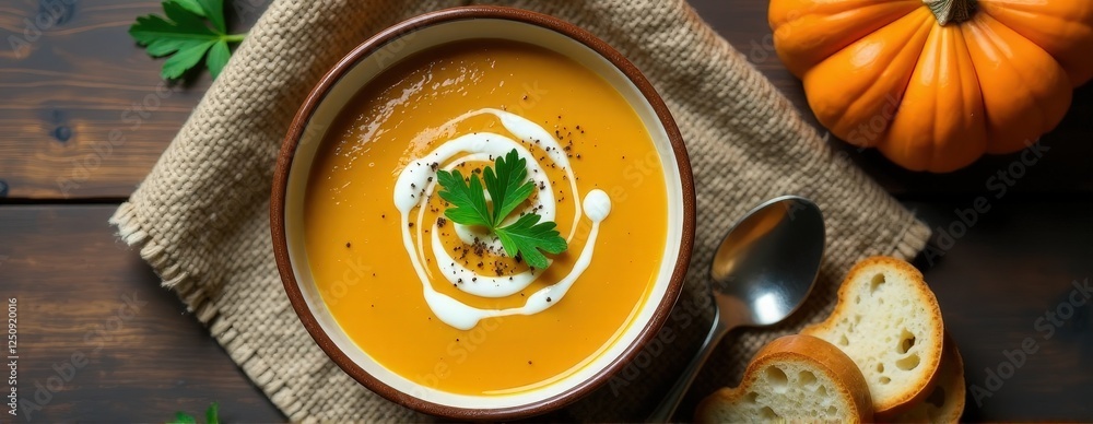 Creamy pumpkin soup beautifully served with a cream swirl, fresh parsley, and a touch of black pepper, complemented by rustic bread slices on a cozy dining setting. Creamy pumpkin soup beautifully served with a cream swirl, fresh parsley, and a touch of black pepper, complemented by rustic bread slices on a cozy dining setting.