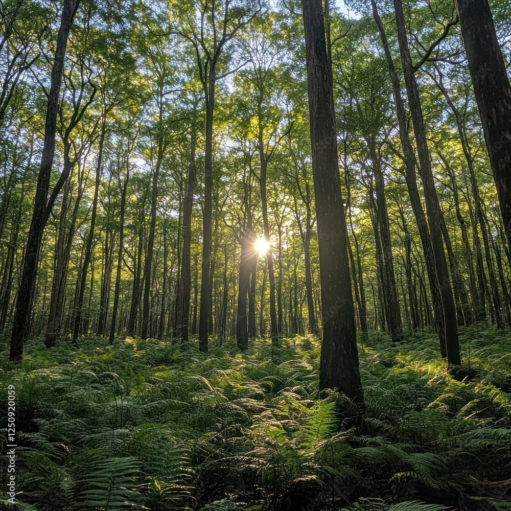 Fototapeta premium Sunlit forest path, ferns, trees, summer, nature, tranquility, background, wallpaper