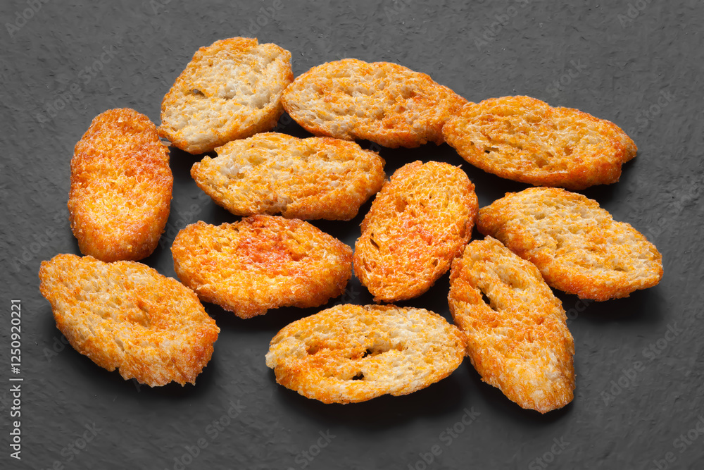 Rusks with spices. Fried croutons. View from above. Croutons on a dark Rusks with spices. Fried croutons. View from above. Croutons on a dark