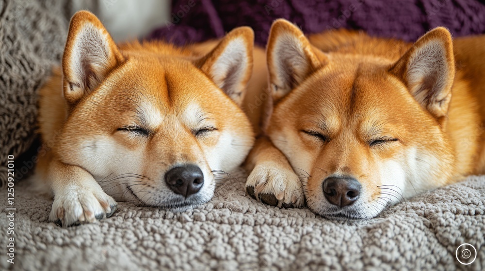 Two Shiba Inu dogs sleeping on a couch Two Shiba Inu dogs sleeping on a couch