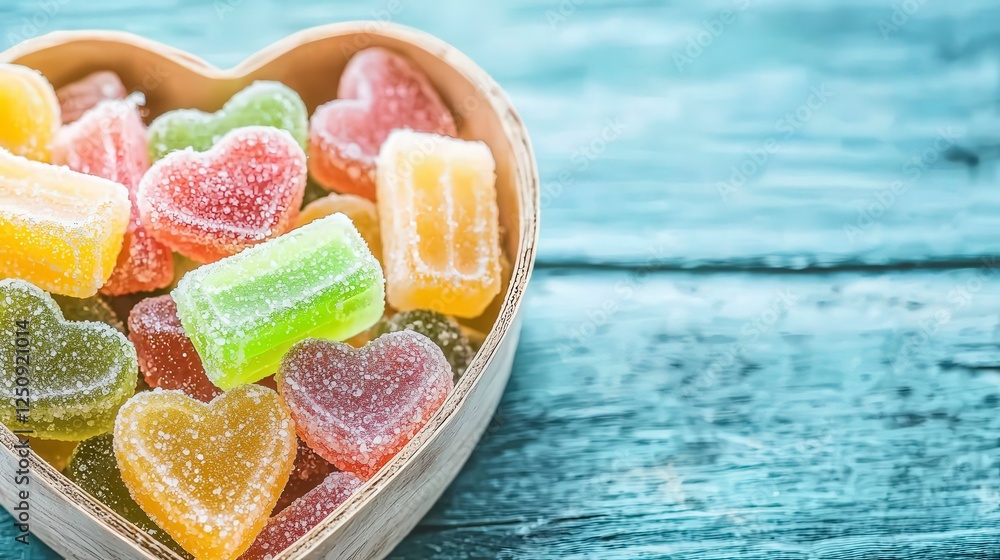 Colorful Fruit Gummies in Heart-Shaped Wooden Bowl on Wood Surface Colorful Fruit Gummies in Heart-Shaped Wooden Bowl on Wood Surface