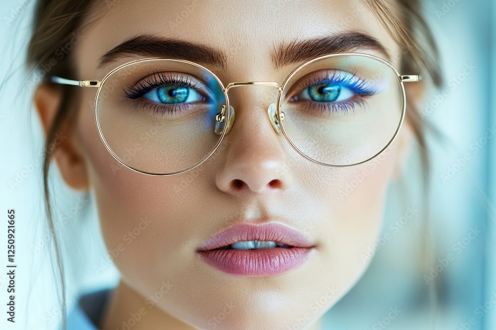 A close-up view of a woman's face wearing glasses, suitable for use in various contexts such as education, business, or everyday life A close-up view of a woman's face wearing glasses, suitable for use in various contexts such as education, business, or everyday life
