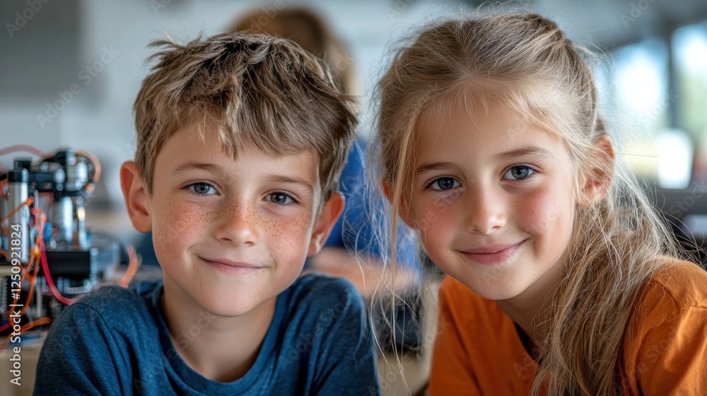 Portrait of two cheerful and energetic siblings a young boy and girl sharing a joyful and affectionate moment together in the cozy home kitchen setting Portrait of two cheerful and energetic siblings a young boy and girl sharing a joyful and affectionate moment together in the cozy home kitchen setting