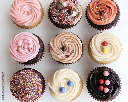 An overhead view of a dozen frosted cupcakes, decorated with swirls, sprinkles, and candies, set against a white background, showcasing their mouthwatering details in HD clarity