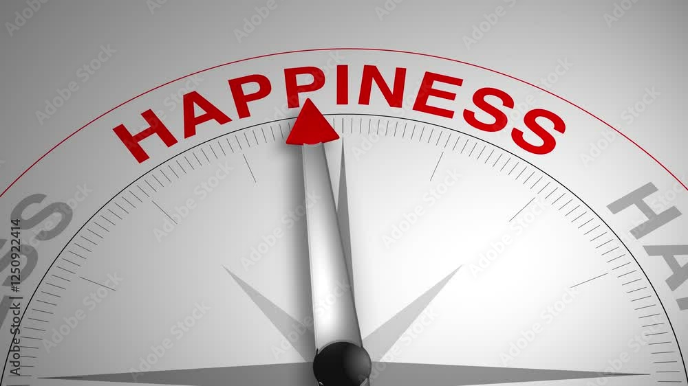 Happiness text or word with a gauge arrow on a compass, representing guidance and direction on a clean white background. Ideal for business, coaching, consulting, and self-improvement concept Happiness text or word with a gauge arrow on a compass, representing guidance and direction on a clean white background. Ideal for business, coaching, consulting, and self-improvement concept