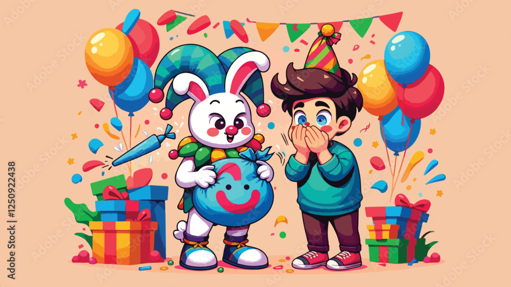 Naklejka premium Prankster Bunny, A mischievous bunny character dressed in a jester's outfit, holding a whoopee cushion and standing in front of a surprised character. 