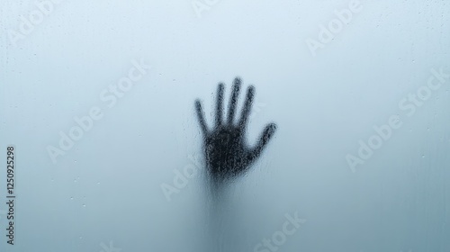 Handprint on foggy window with rain and dark hand seen through glass surface