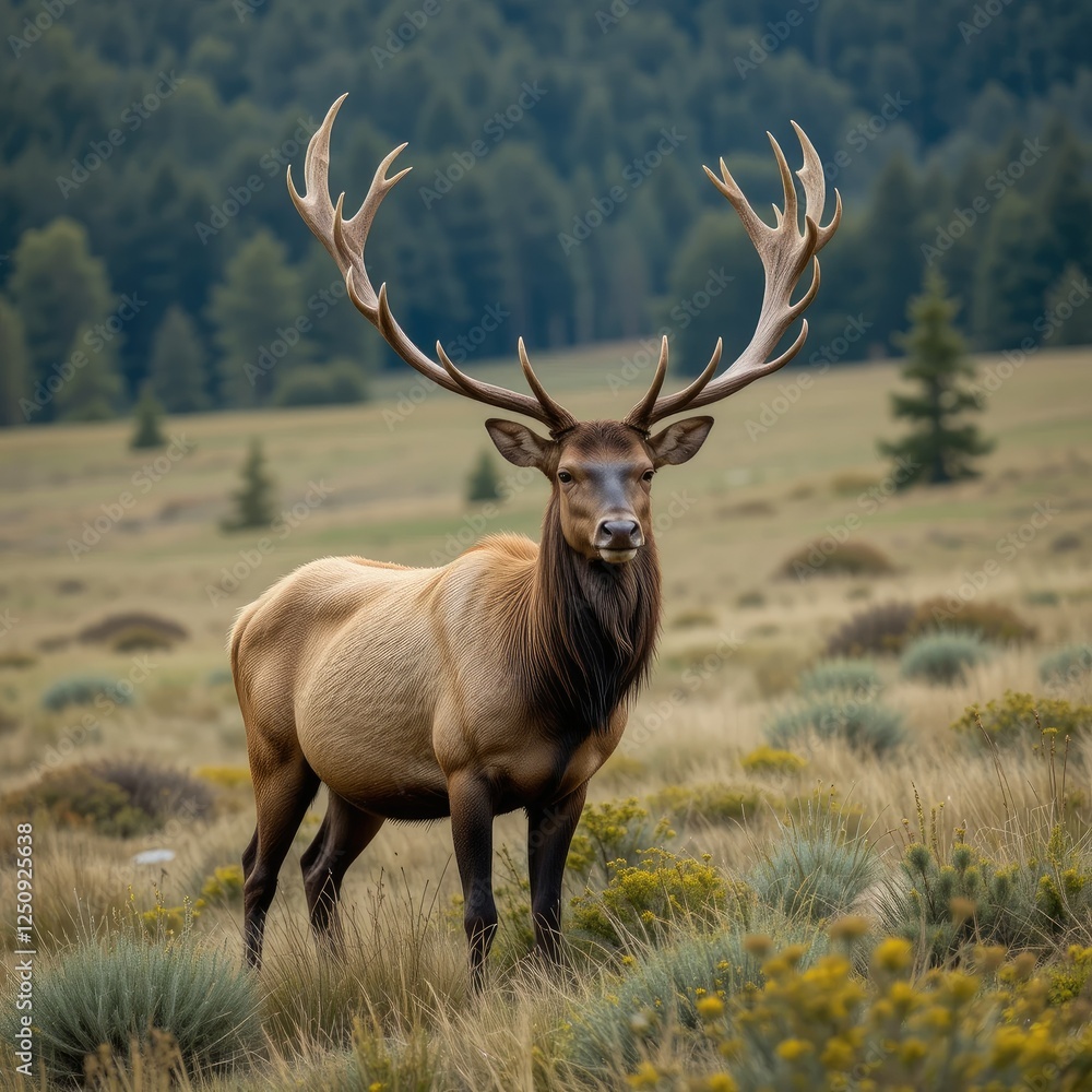 Majestic Bull Elk in Mountain Meadow Habitat Majestic Bull Elk in Mountain Meadow Habitat