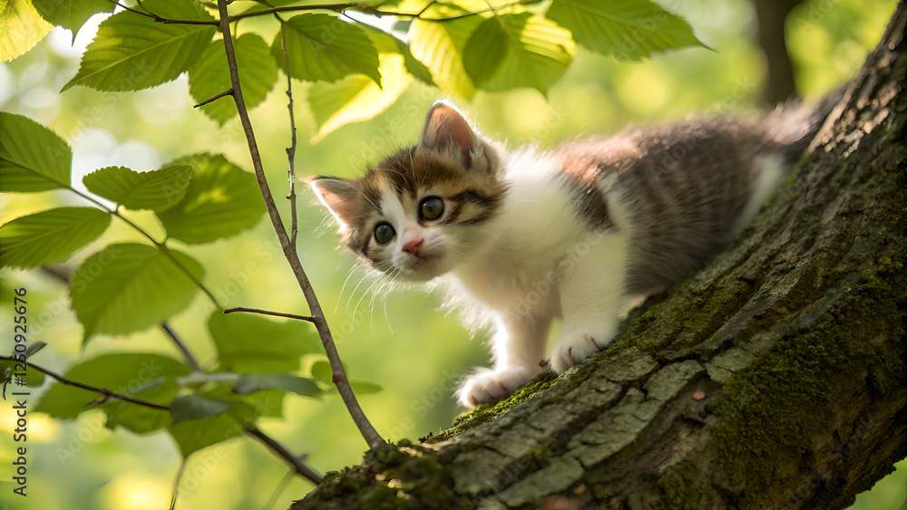 Obraz premium A fluffy brown and white kitten peeks from a mossy branch, surrounded by green leaves and dappled sunlight Generative AI