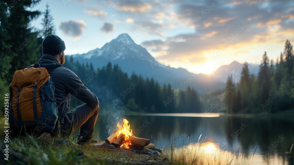 Lone adventurer with backpack sitting by a crackling campfire taking in the breathtaking view of a serene mountain lake and snow capped peaks at sunset Lone adventurer with backpack sitting by a crackling campfire taking in the breathtaking view of a serene mountain lake and snow capped peaks at sunset