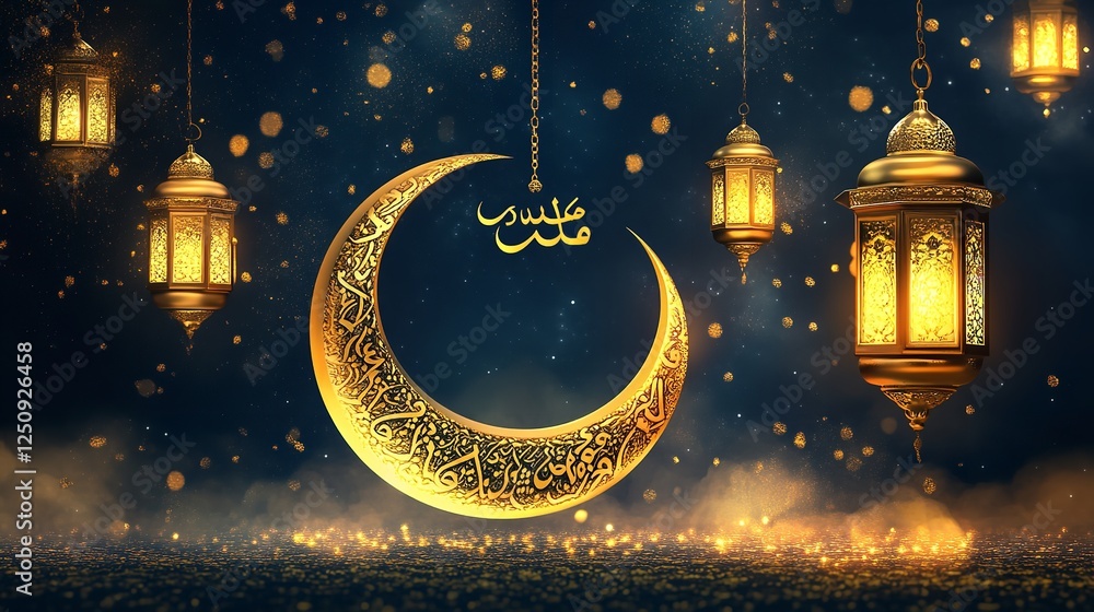 Golden Ramadan Lantern and Crescent Moon Golden Ramadan Lantern and Crescent Moon