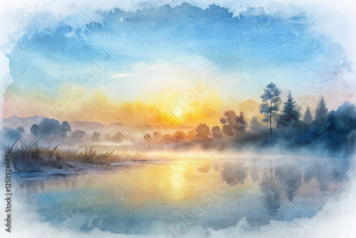 serene landscape, watercolor painting, sunrise over water, misty reflections, tranquil nature scene, artistic expression