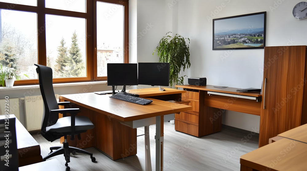 Bright, organized home office with two screens, desk, and natural light for work or study in a simple, tidy, cozy indoor room Bright, organized home office with two screens, desk, and natural light for work or study in a simple, tidy, cozy indoor room