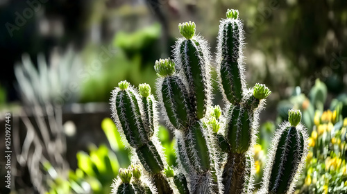Cactus growing in a garden setting in sunlight, used for educational purposes or demonstrating arid plant life in nature