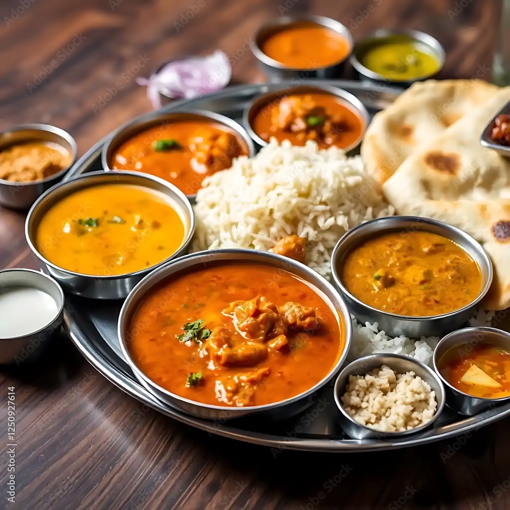 Delicious Indian Thali Meal with Curries Rice and Naan Delicious Indian Thali Meal with Curries Rice and Naan